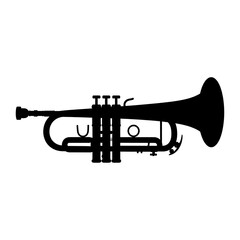 Naklejka premium A black silhouette of a trumpet, shown horizontally. Detailed lines and valves are visible