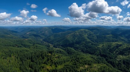 Obraz premium Majestic Aerial View of Lush Green Mountains Under a Blue Sky with Fluffy Clouds, Offering a Peaceful and Serene Natural Landscape Experience