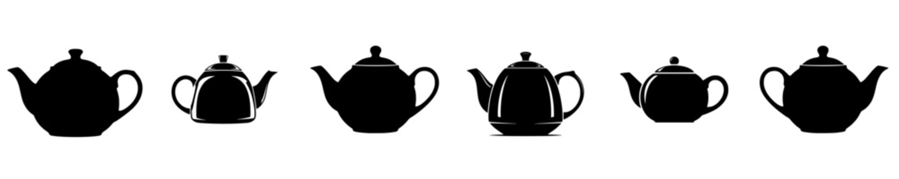 A set of teapots in varying shapes and sizes, black, illustration, jug, kitchenware, pottery, profile, row, tea pot, urn, vase, vessel, against transparent background