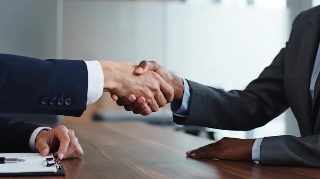 Business handshake across conference table between diverse professionals sealing agreement