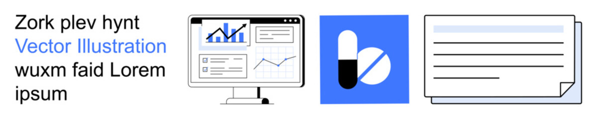 Business analytics, healthcare management, information systems, corporate tools, professional reporting, pharmaceutical tracking. Graphs on a monitor, capsule icon document outline. Business © robu_s