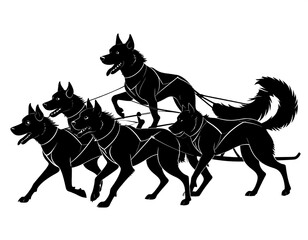 Fototapeta premium Black silhouette of five dogs pulling a sled, isolated on white background