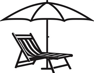 Illustration of a beach chair under an umbrella. Black lines, white fill, calm vacation scene
