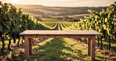 Fototapeta premium wooden table in vineyard at golden hour with rows of grapevines
