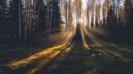 Obraz premium Serene Sunlight Filtering Through Tall Trees in a Peaceful Forest at Sunrise, Illuminating the Ground with Gentle Golden Rays