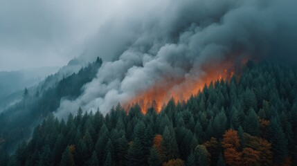 Intense Forest Fire with Smoke and Flames Erupting in Lush Green Pine Trees During Overcast Sky in Mountainous Landscape