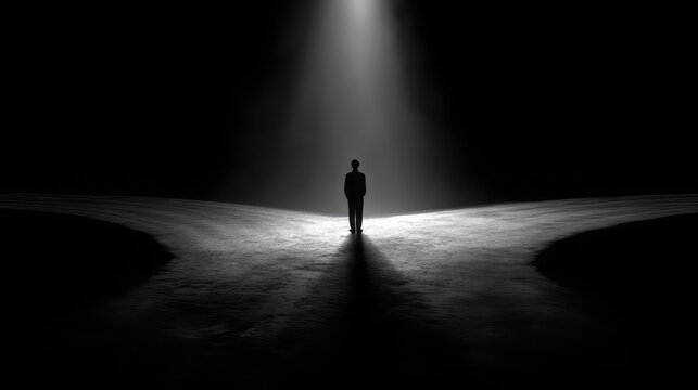 Crossroads Metaphor Shows a Person Standing Alone on a road,  Concept for Important Choices in Life or Work, silhouette of a man standing on a road, silhouette of a man on a road