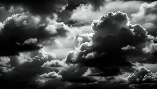 Dramatic black and white photograph capturing intense cumulonimbus storm clouds dominating the overcast sky with high contrast sunlight peeking through the heavy vapor formations