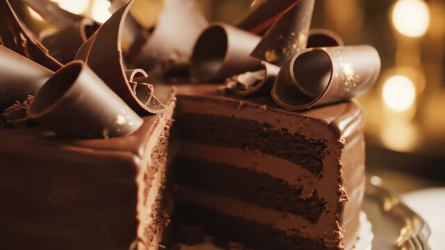 Close up of a chocolate cake with decorative elements and a soft background