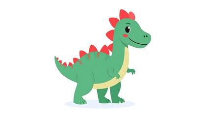 Fototapeta premium Cute cartoon dinosaur with green body, yellow belly, and red dorsal spines, standing against a plain white background