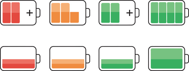 Battery Level Indicator set , Battery Icons Illustrating Various Charge Levels from Empty to Full, with Charging Indicators for Digital Displays