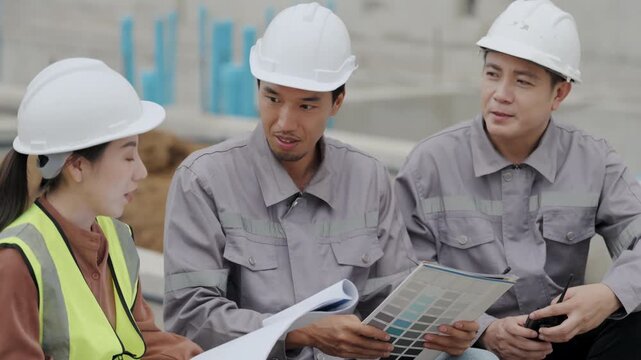 Construction concept of 4k resolution. Asian engineers sitting and talking together at construction site.