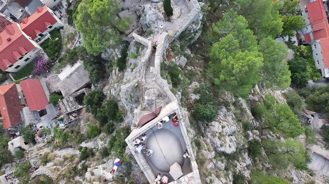 Aerial top down perspective of Mirabela fortress roof in Omis, Dalmatia, Croatia.