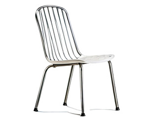 A simple metal chair with a white seat against a plain white background, ideal for use in interior design or minimalistic photography projects