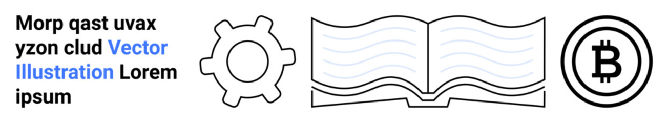 Obraz premium Technology, finance, education, cryptocurrency, blockchain, fintech. Gear, open book Bitcoin symbol in black and white. Technology and finance concept in modern minimal style