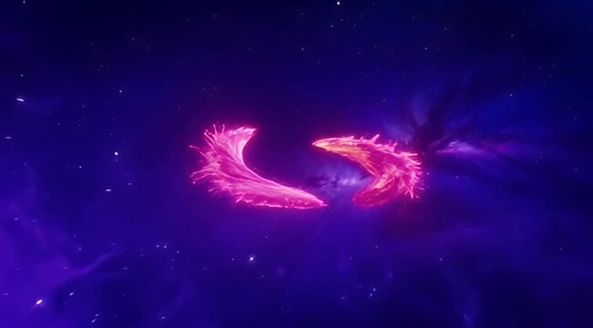 Cosmic dance of two fiery entities in a vibrant nebula backdrop