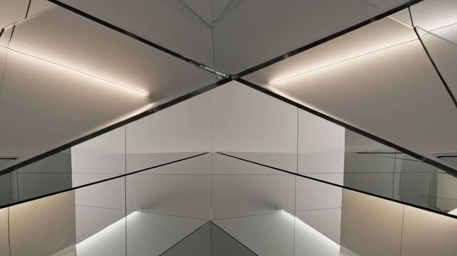 Modern architectural ceiling with geometric panels and integrated linear lighting