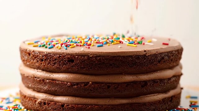 Cinematic slow motion footage of chocolate layer cake with smooth frosting and rainbow sprinkles, rich cocoa texture for celebration dessert marketing.