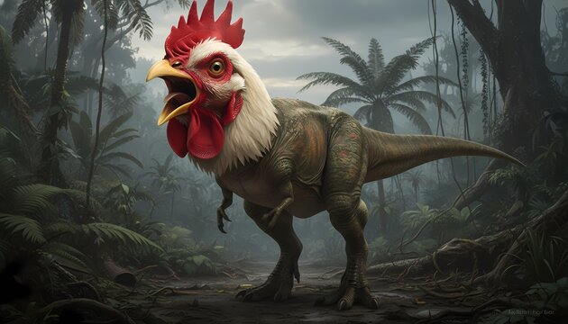 A massive hybrid animal mashup showing a detailed rooster head on a massive dinosaur body, set against a background of ancient tropical plants and trees.