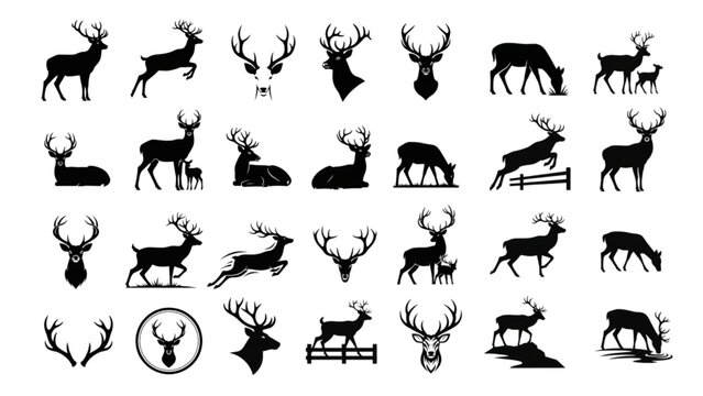 Black Silhouette Deer Icon Set | 28 Vector Icons