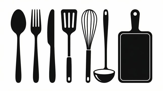 A minimalist black silhouette set of common kitchen tools and cutlery organized in a row.
