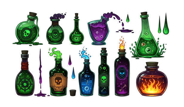 Assorted Fantasy Potion Bottles with Labels.