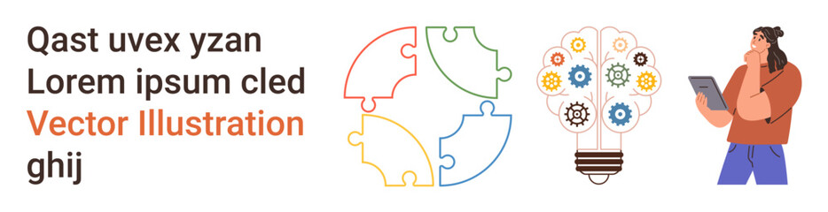 Problem solving, creativity, teamwork, innovation, brainstorming, digital tools. A puzzle brain, gear lightbulb and person holding a tablet. Problem solving and creativity concepts © robu_s