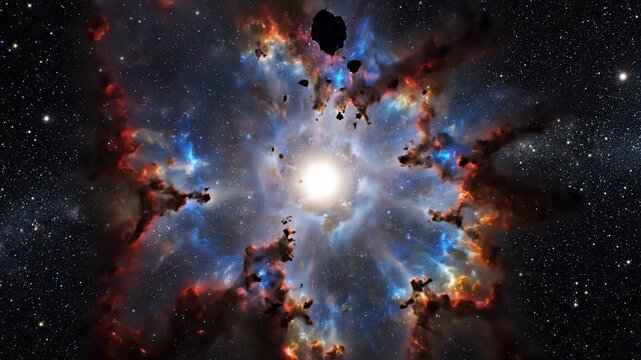 Vibrant nebula with asteroids and bright star in deep space, cosmic explosion