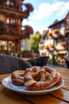 A soft pretzel sits on a plate atop a wooden beer garden table in Germany. Behind it, half-timbered houses and window flower boxes blur into the warm bokeh background.