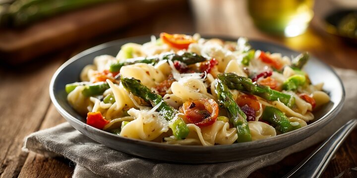 A plate of vegetarian pasta primavera bursts with colorful seasonal vegetables and grated parmesan. It's set on a rustic wooden table with a folded linen napkin and soft daylight from the side.