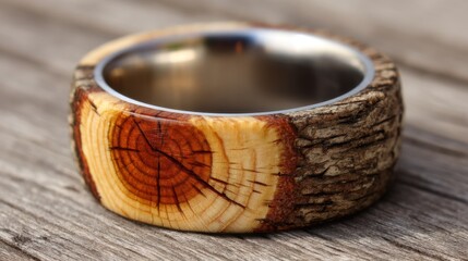 Obraz premium Beautiful wooden ring with natural wood texture, crafted from rustic materials, showcasing detailed grain and elegant design on wooden table background