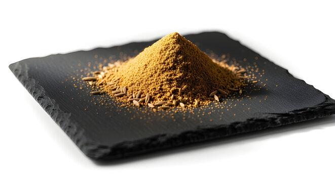 Ground cumin styled on dark slate in a refined indoor editorial composition Isolated on White background