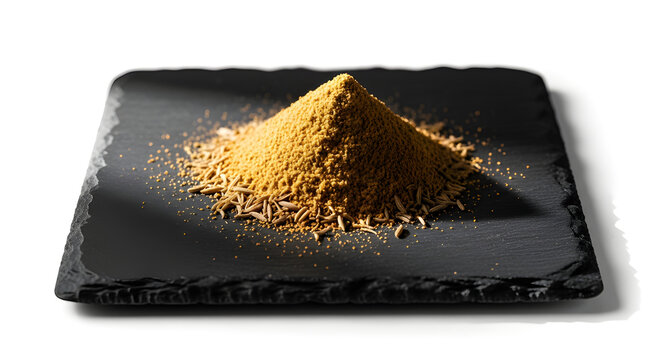 Ground cumin styled on dark slate in a refined indoor editorial composition Isolated on White background