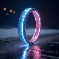 A single, textured ring with electric blue and pink neon light edges, suspended in a dark, atmospheric environment with soft bokeh lights.