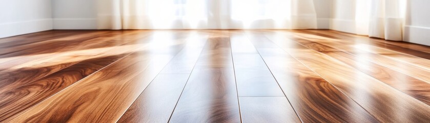 Sunlight on polished hardwood floor, warm wood grain, soft light, close-up, angled view, architectural interior, home decor