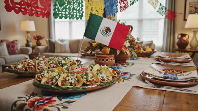 Colorful Mexican fiesta table setting with tacos, flag, and papel picado decorations indoors