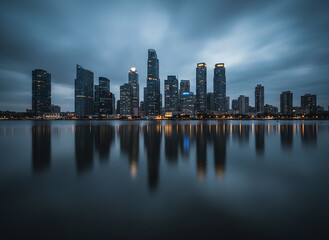 Obraz premium Serene Skyline Reflection at Dusk: Modern Cityscape Over Calm Water