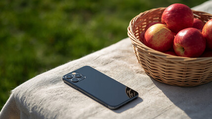 Smartphone and Earbuds with Fresh Apples in Nature