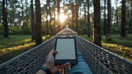 POV Reading E-book in Hammock in the Woods