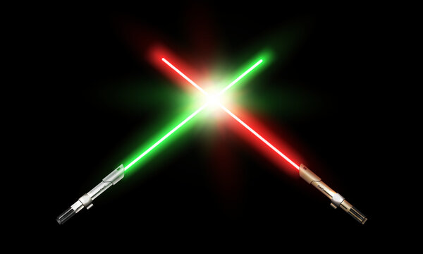 New realistic design green and red crossed light swords isolated on black background. Vector illustration