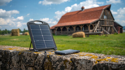 Portable Solar Panel Charging Gadgets on a Farm