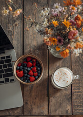 Flat Lay of Rural Breakfast and Remote Work