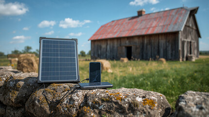 Portable Solar Panel Charging Gadgets on a Farm