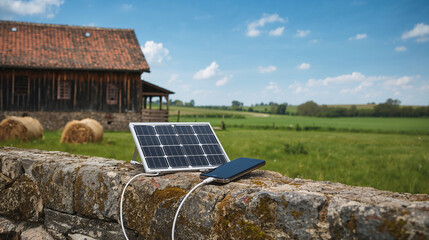 Portable Solar Panel Charging Gadgets on a Farm