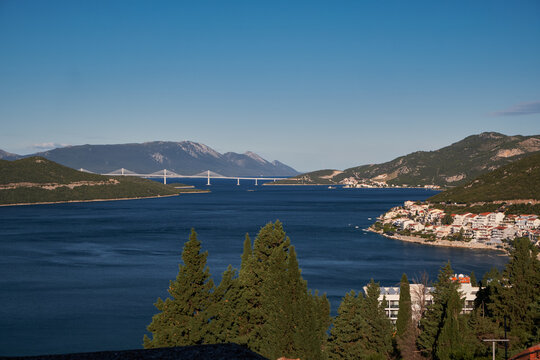 Panoramic view of Peljesac Bridge over the blue sea - Neum, Bosnia and Herzegovina