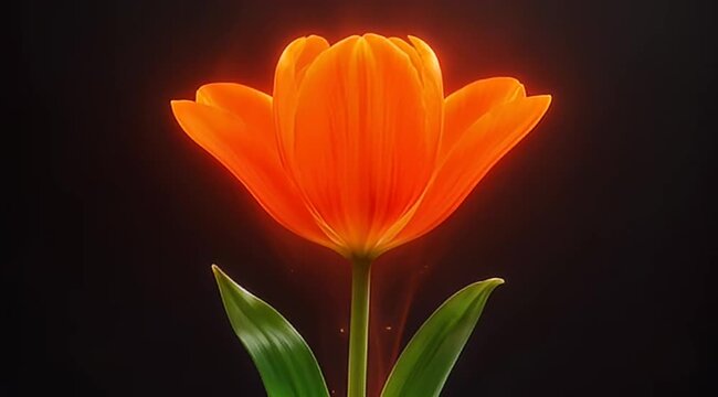 Elegant glowing orange tulip with green leaves on a dark background