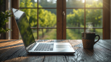 Laptop and Coffee on Rustic Table with Orchard View