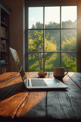 Laptop and Coffee on Rustic Table with Orchard View