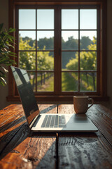 Laptop and Coffee on Rustic Table with Orchard View