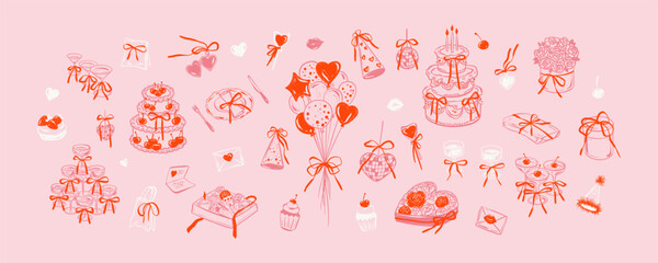 Set of doodle Valentines Day, wedding, bachelorette party, girly birthday whimsical coquette design elements. Champagne bottle, cocktail tower, flying balloons bunch, cherry cake, martini glasses © Kseniia